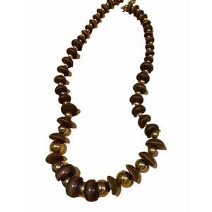 Midcentury Modern Vintage Wooden And Gold Toned Long Necklace